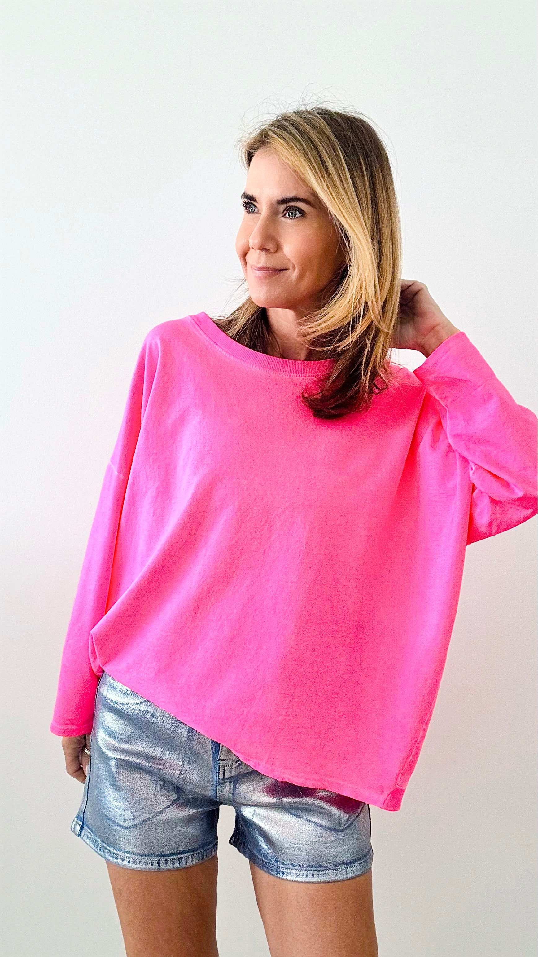 Upscale Comfort Italian Pullover - Neon Pink-140 Sweaters-Italianissimo-Coastal Bloom Boutique, find the trendiest versions of the popular styles and looks Located in Indialantic, FL