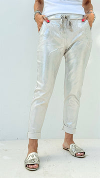 Shine-On Glistening Italian Joggers - Ecru/ Silver-180 Joggers-Italianissimo-Coastal Bloom Boutique, find the trendiest versions of the popular styles and looks Located in Indialantic, FL