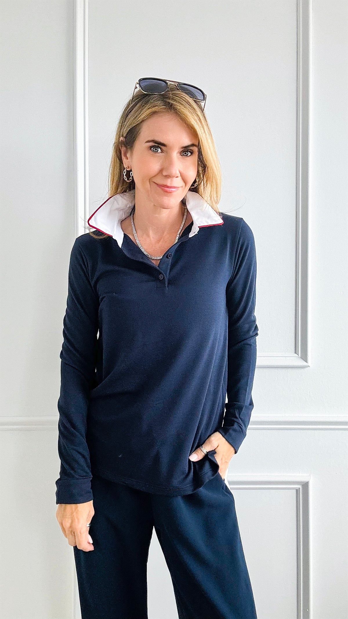 Tipped Long Sleeve Front Polo-130 Long Sleeve Tops-Miley + Molly-Coastal Bloom Boutique, find the trendiest versions of the popular styles and looks Located in Indialantic, FL