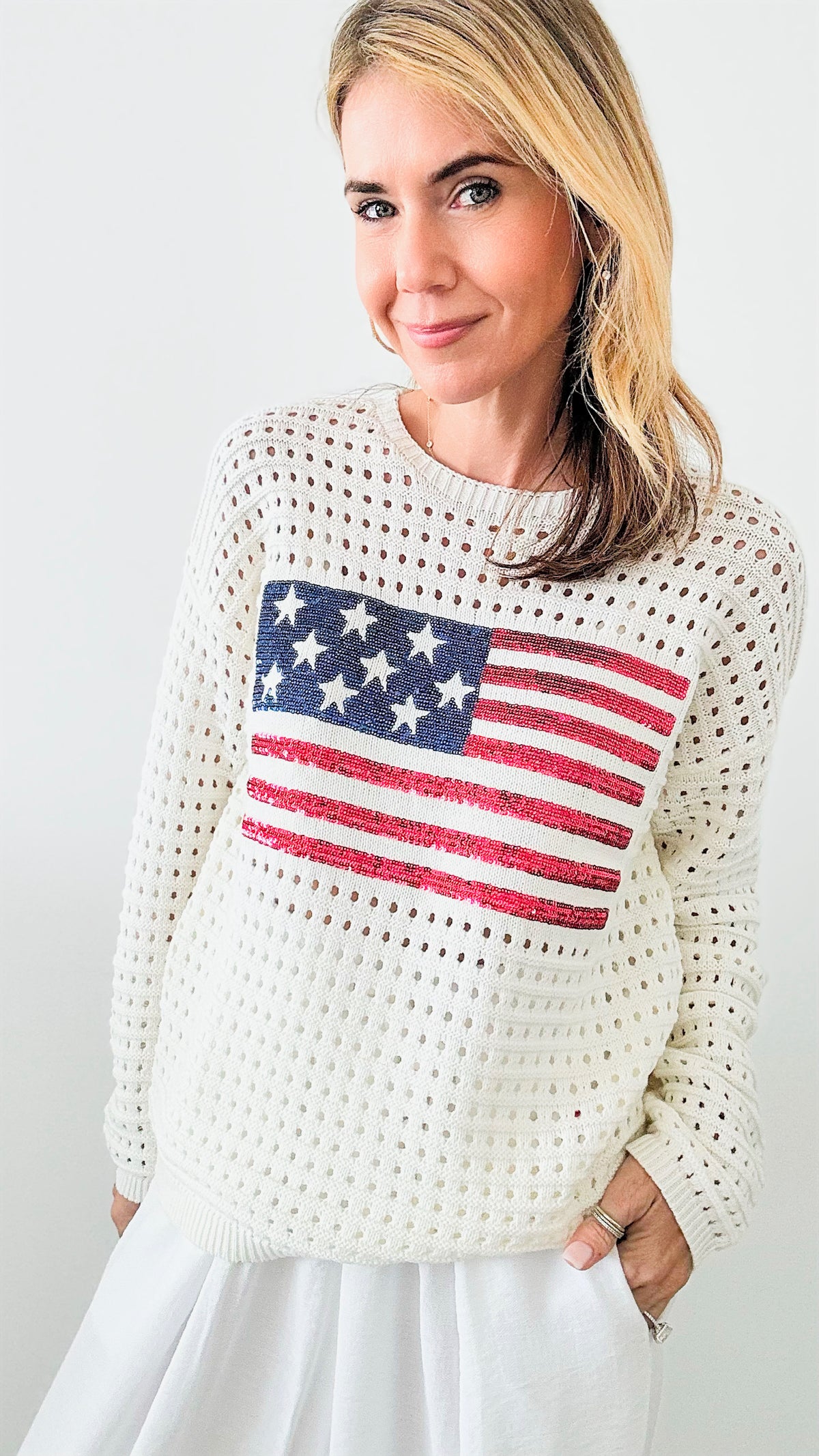 Flag Patch Open Stitch Sweater-140 Sweaters-Anniewear-Coastal Bloom Boutique, find the trendiest versions of the popular styles and looks Located in Indialantic, FL