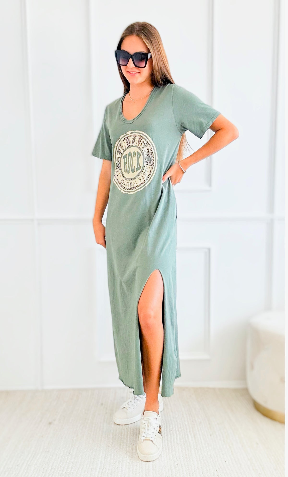 Vintage Rock T- Shirt Dress - Olive-200 dresses/jumpsuits/rompers-Italianissimo-Coastal Bloom Boutique, find the trendiest versions of the popular styles and looks Located in Indialantic, FL