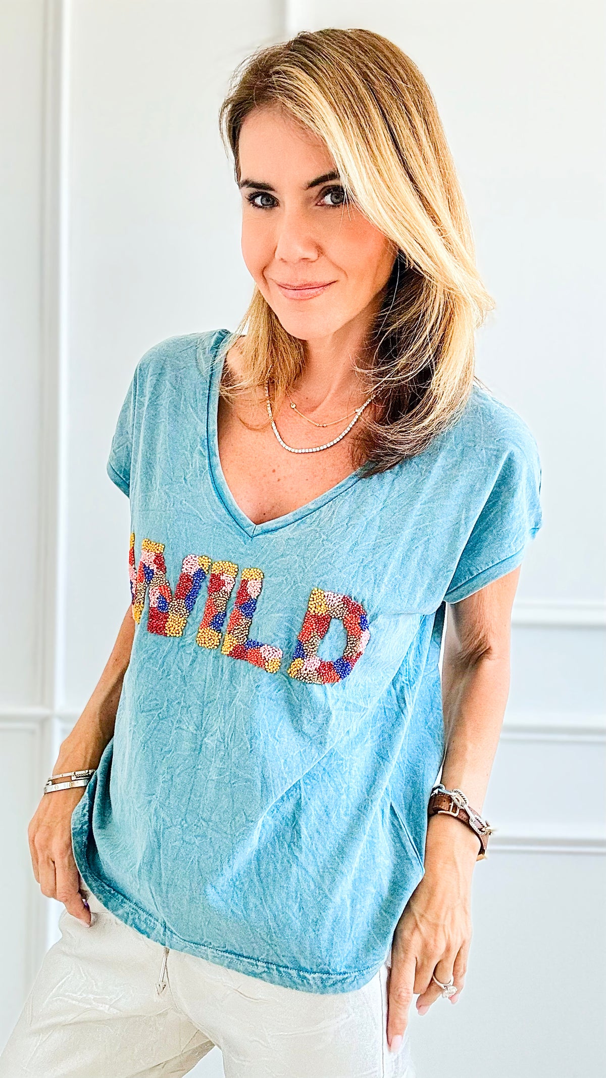 Wild Beaded Tee - Blue-110 Short Sleeve Tops-Gold & Silver Paris-Coastal Bloom Boutique, find the trendiest versions of the popular styles and looks Located in Indialantic, FL