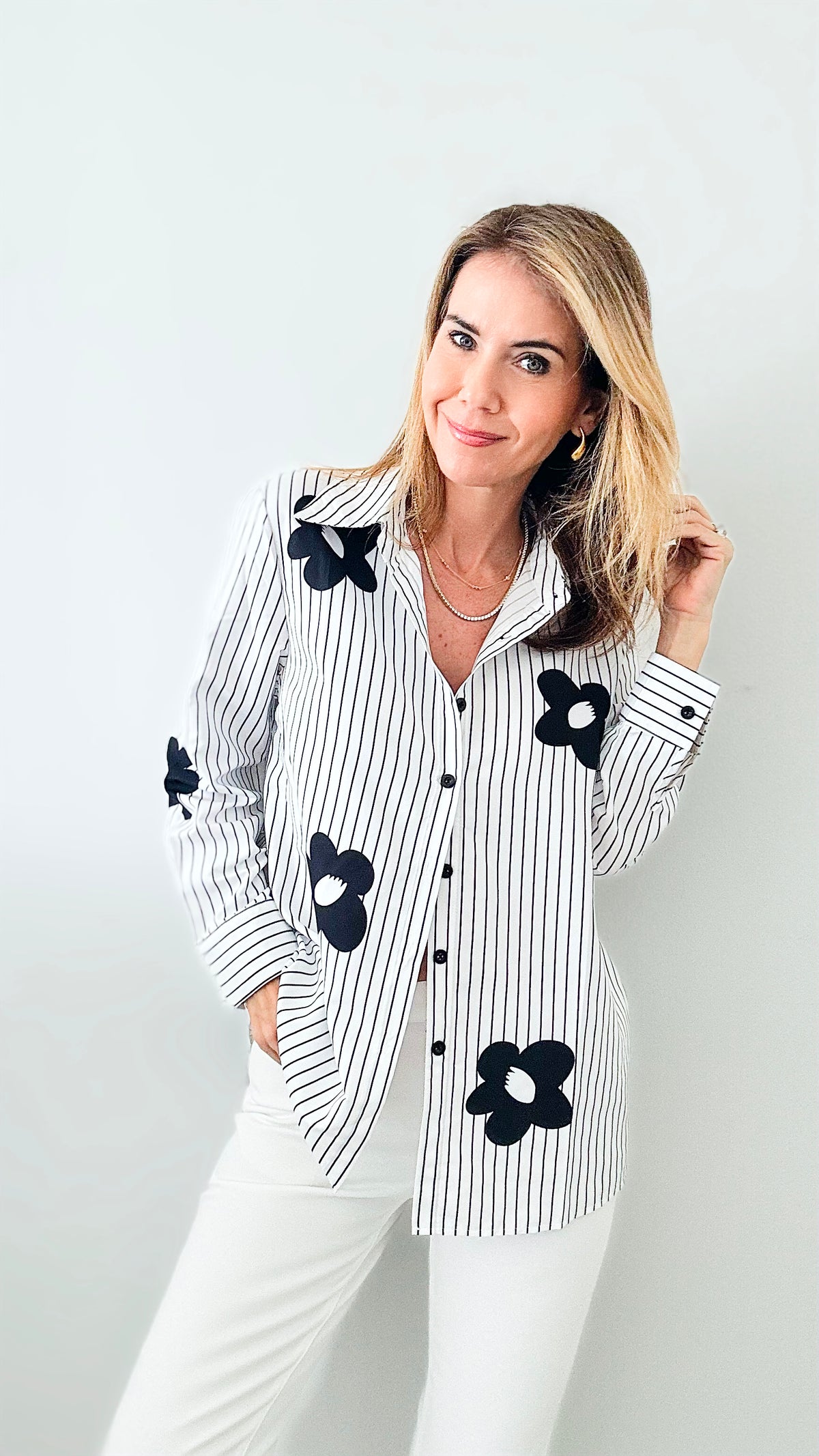 Flower Detailed Striped Shirt-130 Long Sleeve Tops-Chasing Bandits-Coastal Bloom Boutique, find the trendiest versions of the popular styles and looks Located in Indialantic, FL