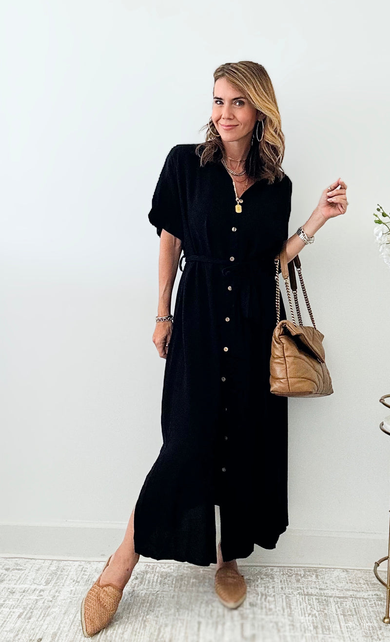 Button-Up Belted Dress - Black-200 Dresses/Jumpsuits/Rompers-original usa-Coastal Bloom Boutique, find the trendiest versions of the popular styles and looks Located in Indialantic, FL