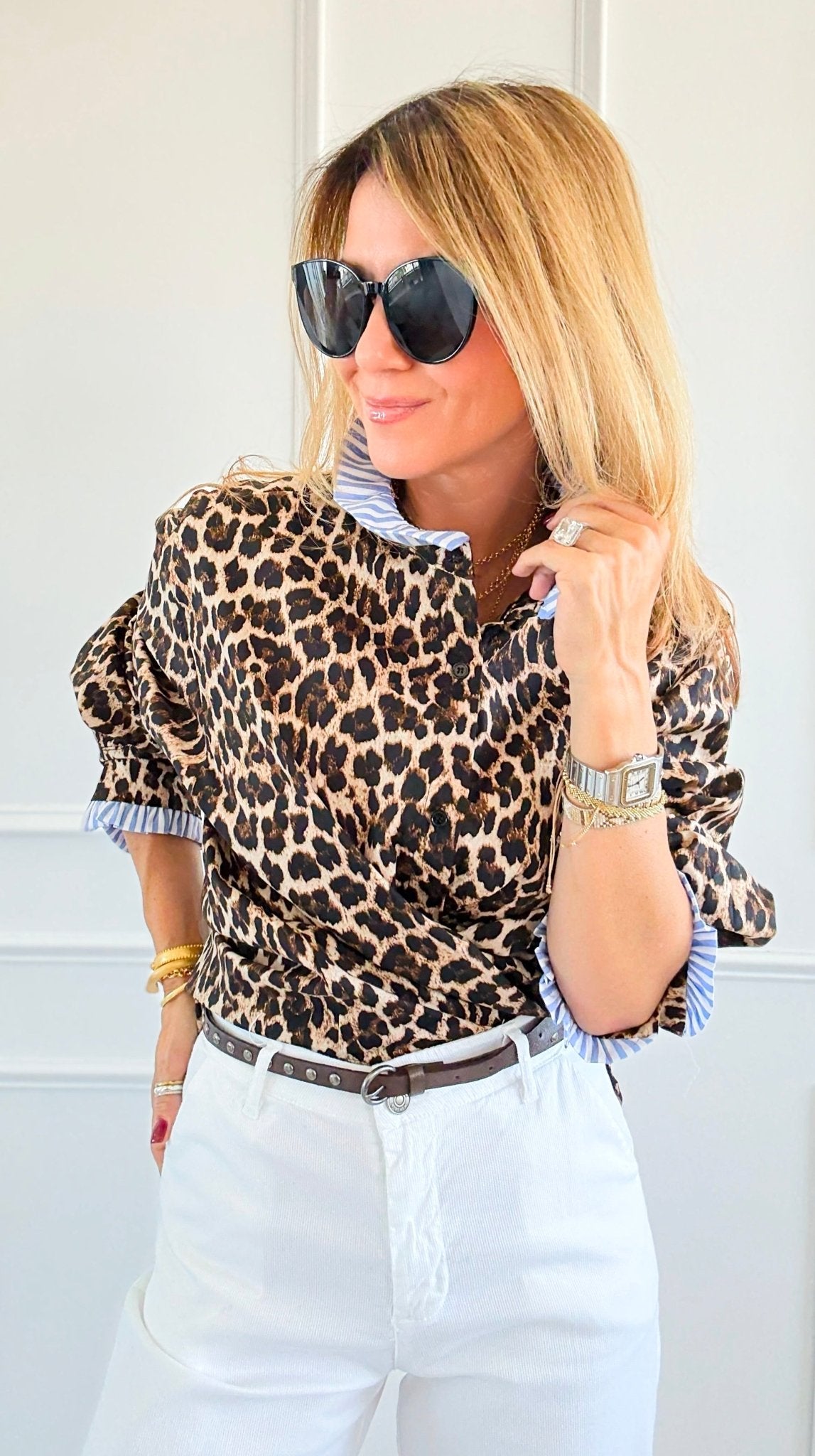 Rebel Ruffled Leopard & Stripe Italian Shirt-110 Long Sleeve Tops-TATTOO Z-Coastal Bloom Boutique, find the trendiest versions of the popular styles and looks Located in Indialantic, FL