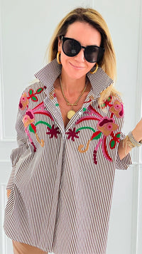 Striped Bloom Embroidery Italian Blouse-110 Long Sleeve Tops-TATTOO Z-Coastal Bloom Boutique, find the trendiest versions of the popular styles and looks Located in Indialantic, FL