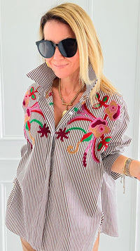 Striped Bloom Embroidery Italian Blouse-110 Long Sleeve Tops-TATTOO Z-Coastal Bloom Boutique, find the trendiest versions of the popular styles and looks Located in Indialantic, FL