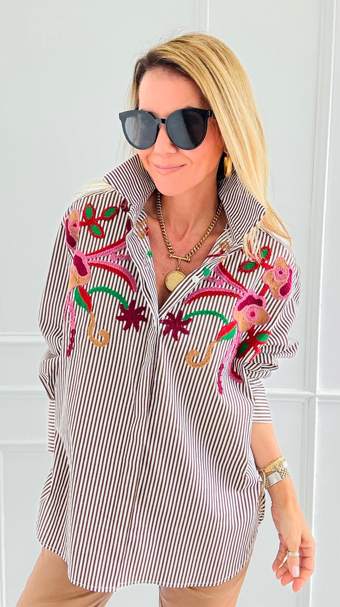 Striped Bloom Embroidery Italian Blouse-110 Long Sleeve Tops-TATTOO Z-Coastal Bloom Boutique, find the trendiest versions of the popular styles and looks Located in Indialantic, FL