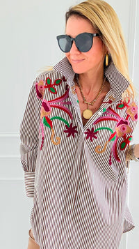 Striped Bloom Embroidery Italian Blouse-110 Long Sleeve Tops-TATTOO Z-Coastal Bloom Boutique, find the trendiest versions of the popular styles and looks Located in Indialantic, FL