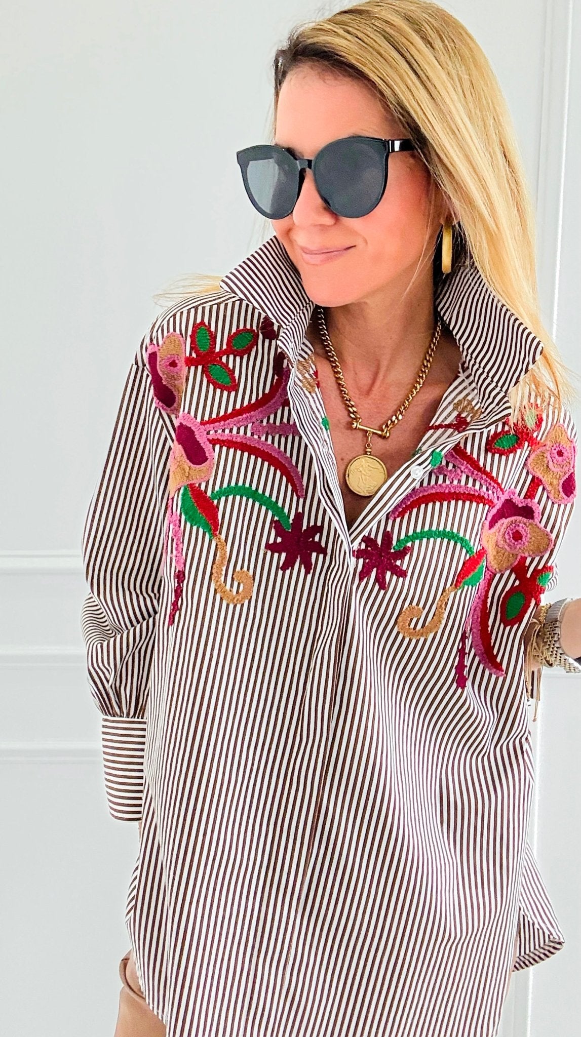 Striped Bloom Embroidery Italian Blouse-110 Long Sleeve Tops-TATTOO Z-Coastal Bloom Boutique, find the trendiest versions of the popular styles and looks Located in Indialantic, FL