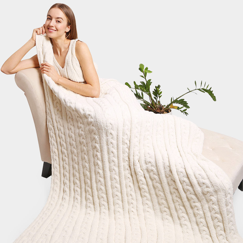 Cable Knit Throw Blanket Ivory Coastal Bloom