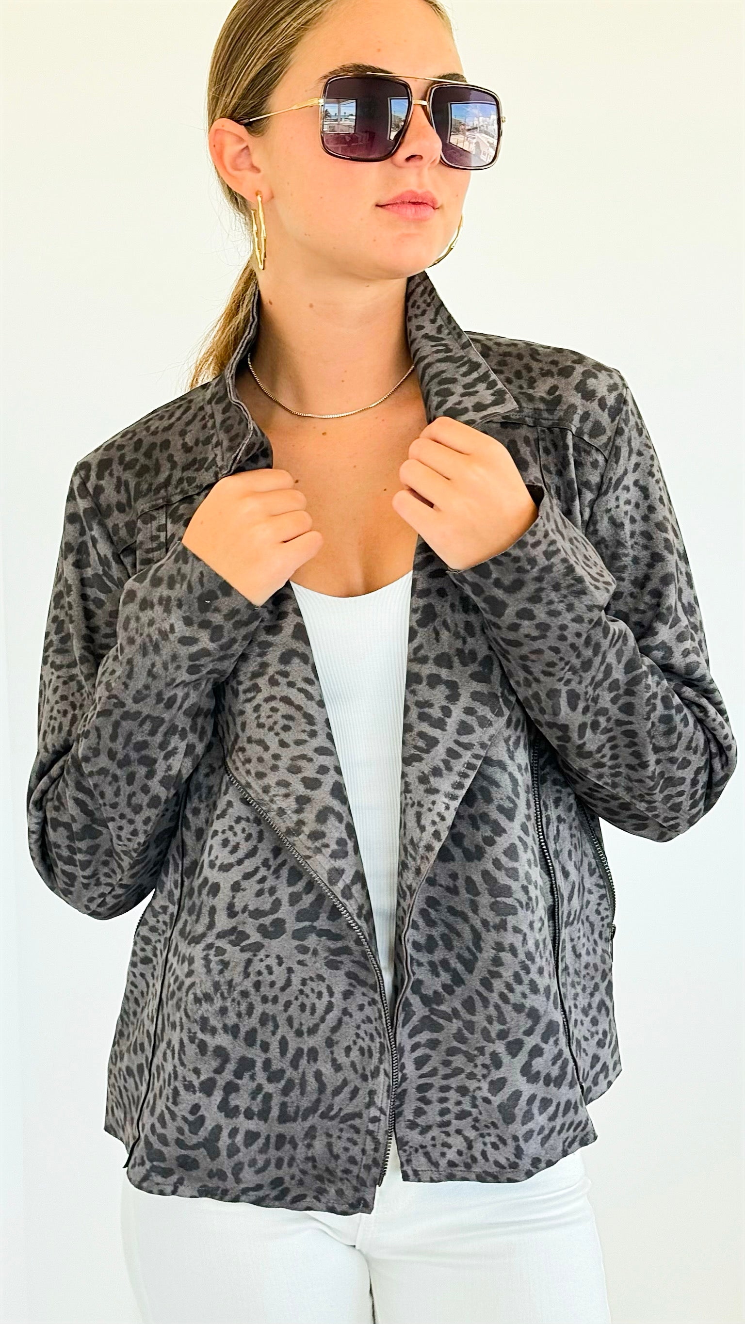 Spotted Vegan Suede Rider Jacket - Charcoal-160 Jackets-oddi-Coastal Bloom Boutique, find the trendiest versions of the popular styles and looks Located in Indialantic, FL