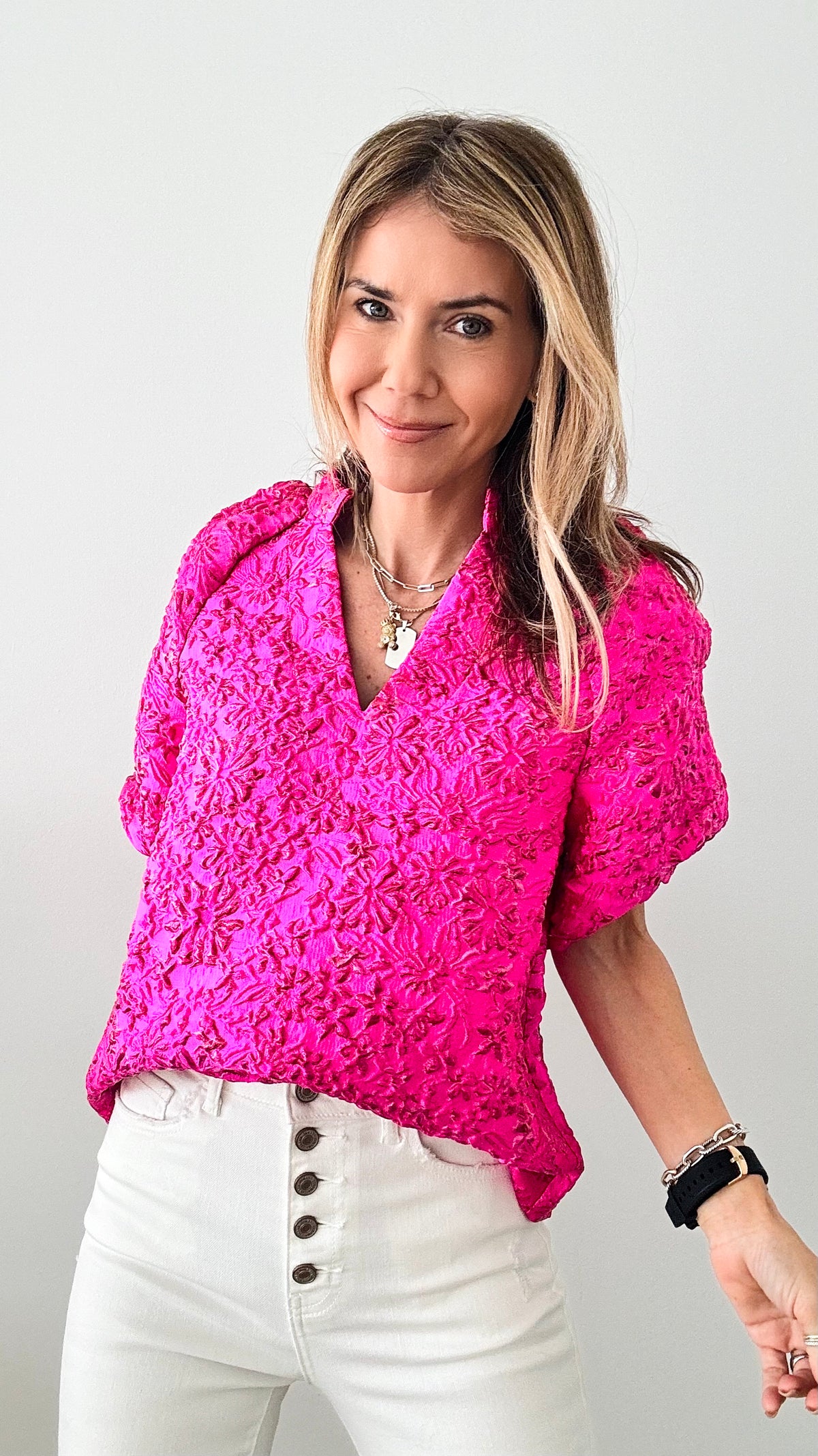 Power of Pink Jacquard Puff Sleeve Top-110 Short Sleeve Tops-THML-Coastal Bloom Boutique, find the trendiest versions of the popular styles and looks Located in Indialantic, FL