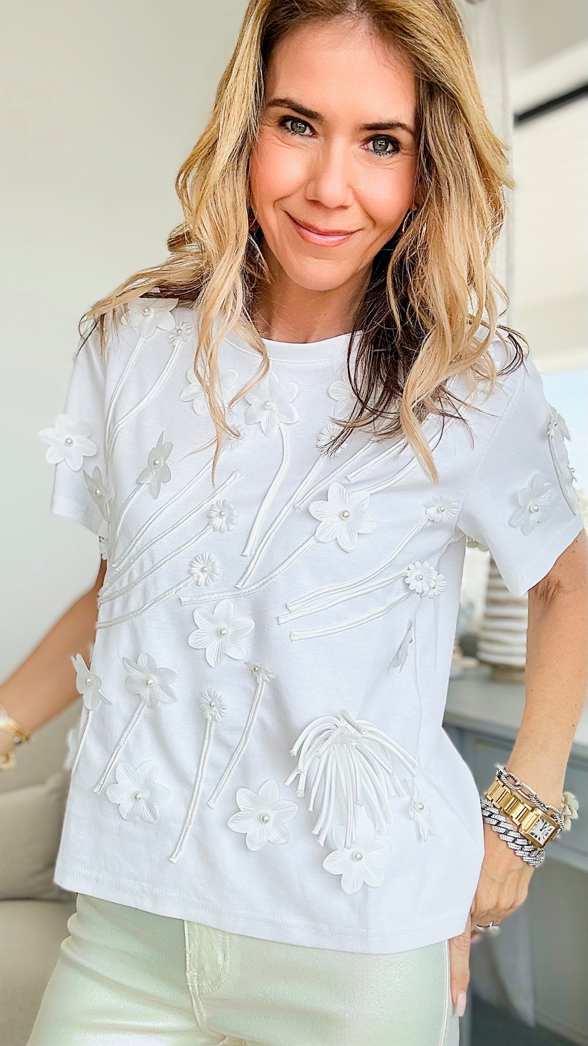 Pearled Flower Detail Short Sleeves T-Shirt-110 Short Sleeve Tops-LA ROS-Coastal Bloom Boutique, find the trendiest versions of the popular styles and looks Located in Indialantic, FL