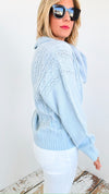 Spring Blue Crochet Collared Sweater-140 Sweaters-Rousseau-Coastal Bloom Boutique, find the trendiest versions of the popular styles and looks Located in Indialantic, FL