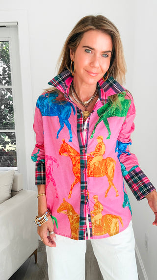 Derby Days Plaid Italian Hampton Blouse- Fuchsia