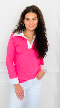 The Frankie Button Down Top - Neon Pink-130 Long Sleeve Tops-EC COLLECTION INC-Coastal Bloom Boutique, find the trendiest versions of the popular styles and looks Located in Indialantic, FL