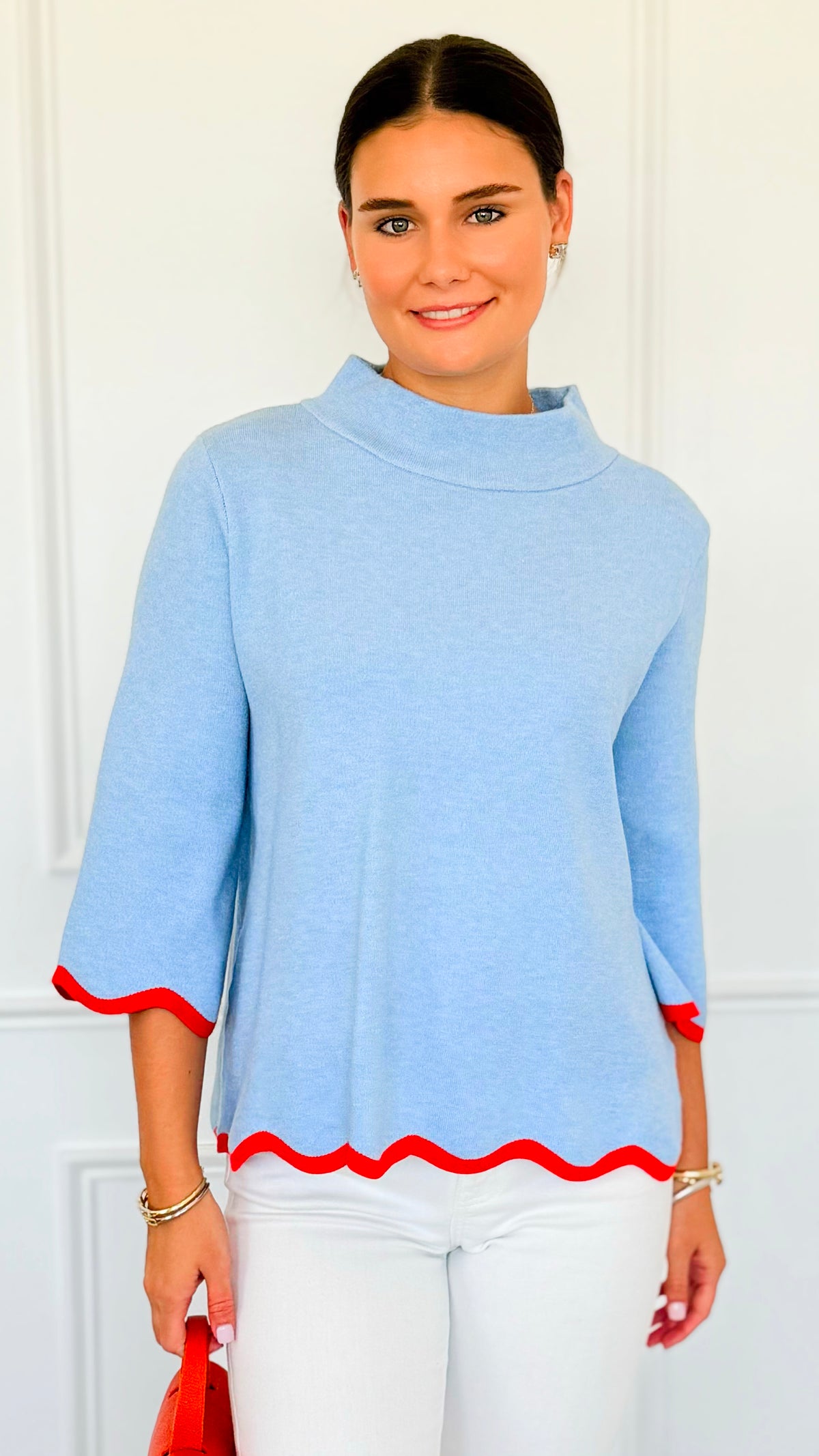 Waves & Whimsy Scallop Sweater- Soft Blue/Orange-140 Sweaters-Fate Inc-Coastal Bloom Boutique, find the trendiest versions of the popular styles and looks Located in Indialantic, FL