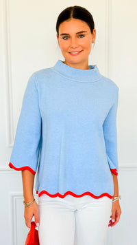 Waves & Whimsy Scallop Sweater- Soft Blue/Orange-140 Sweaters-Fate Inc-Coastal Bloom Boutique, find the trendiest versions of the popular styles and looks Located in Indialantic, FL