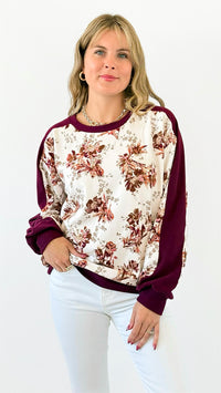 Contrast Sleeve Floral Printed Brushed Sweatshirt-130 Long Sleeve Tops-DOE AND RAE-Coastal Bloom Boutique, find the trendiest versions of the popular styles and looks Located in Indialantic, FL
