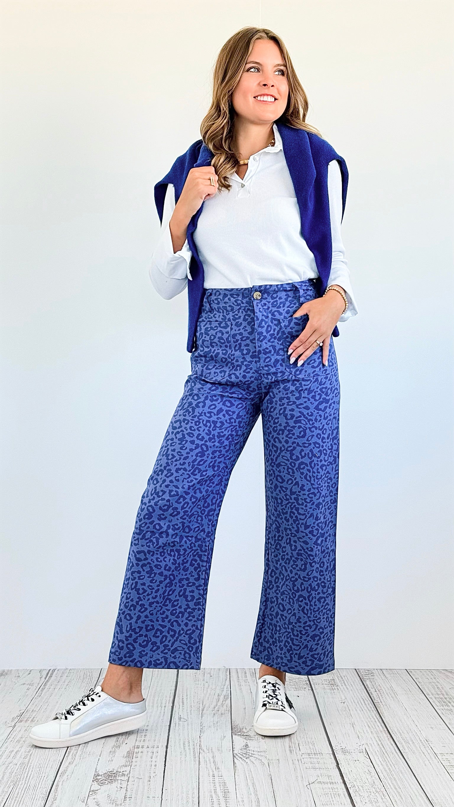 Bold Move Cropped Leopard Pants- Royal Blue-170 Bottoms-Gigio-Coastal Bloom Boutique, find the trendiest versions of the popular styles and looks Located in Indialantic, FL