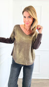 Gold Shine V-Neck Italian Pullover- Brown-140 Sweaters-Italianissimo-Coastal Bloom Boutique, find the trendiest versions of the popular styles and looks Located in Indialantic, FL