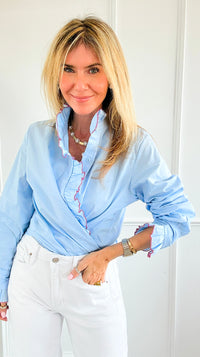Ruffle Contour Elegance Italian Button Top- Sky Blue