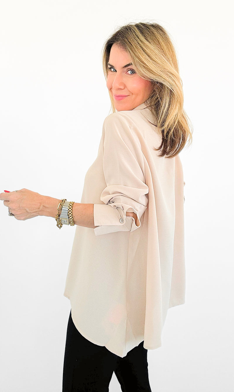 SoHo Button Down Top - Beige-130 Long Sleeve Tops-Must Have-Coastal Bloom Boutique, find the trendiest versions of the popular styles and looks Located in Indialantic, FL