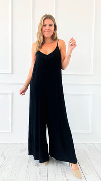 Italian V-Neck Jumpsuit - Black-200 dresses/jumpsuits/rompers-V6-Coastal Bloom Boutique, find the trendiest versions of the popular styles and looks Located in Indialantic, FL