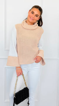 Two-Tone Turtleneck Flare Sleeve Sweater-140 Sweaters-ROUSSEAU-Coastal Bloom Boutique, find the trendiest versions of the popular styles and looks Located in Indialantic, FL