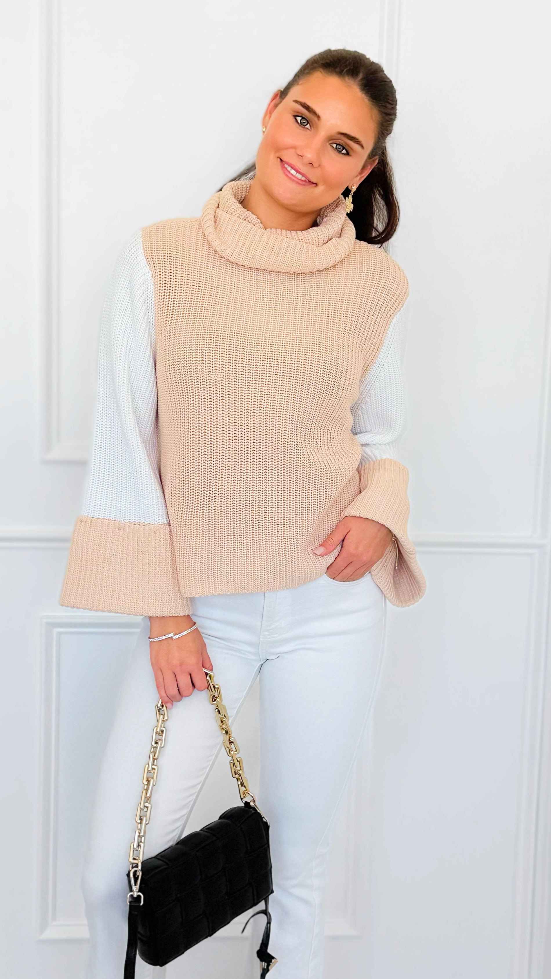 Two-Tone Turtleneck Flare Sleeve Sweater-140 Sweaters-ROUSSEAU-Coastal Bloom Boutique, find the trendiest versions of the popular styles and looks Located in Indialantic, FL
