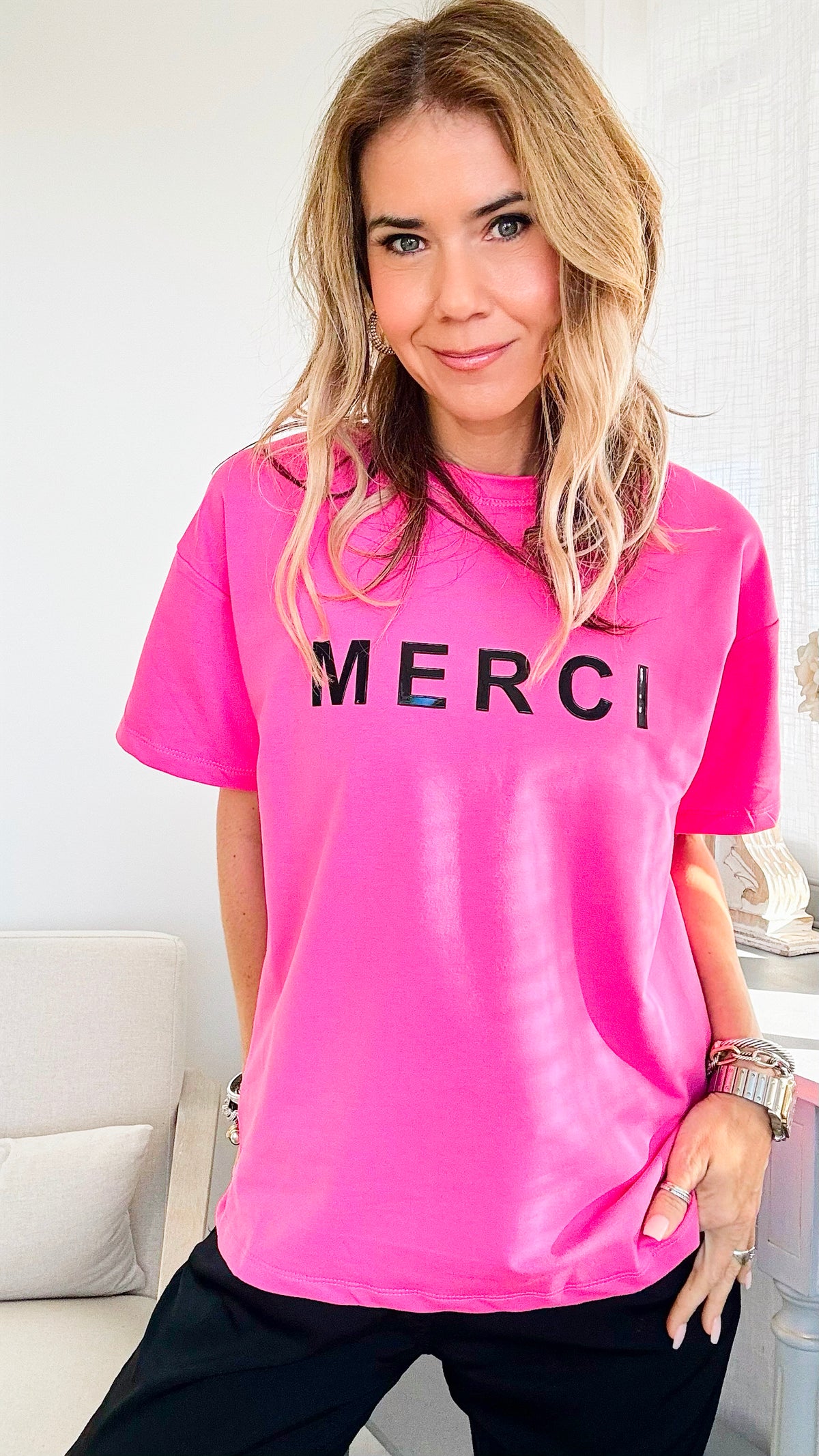 Merci Oversized T-Shirt - Pink-110 Short Sleeve Tops-in2you-Coastal Bloom Boutique, find the trendiest versions of the popular styles and looks Located in Indialantic, FL