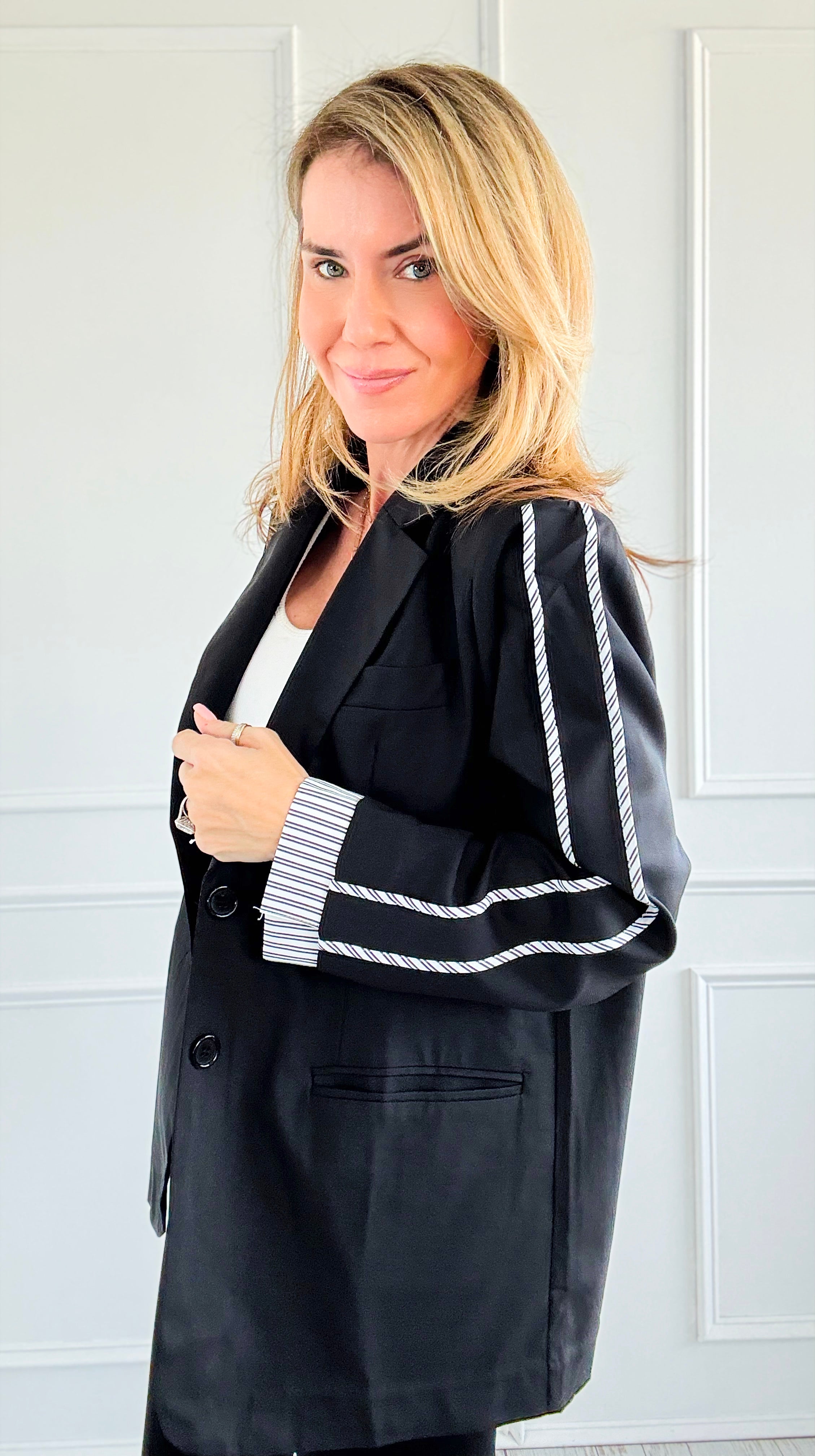 Contrast Striped Blazer - Black-160 Jackets-Joh Apparel-Coastal Bloom Boutique, find the trendiest versions of the popular styles and looks Located in Indialantic, FL