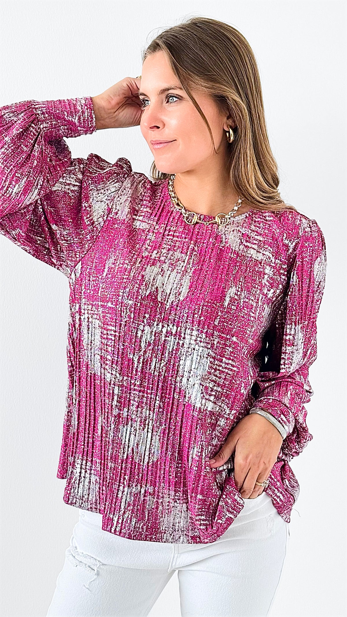 Shimmer & Pleat Blouse-130 Long sleeve top-Jodifl-Coastal Bloom Boutique, find the trendiest versions of the popular styles and looks Located in Indialantic, FL