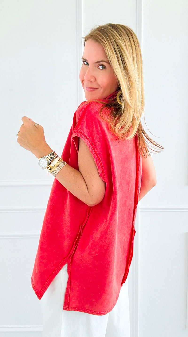 Weekend Ease Washed Collar Top - Red-110 Short Sleeve Tops-White Birch-Coastal Bloom Boutique, find the trendiest versions of the popular styles and looks Located in Indialantic, FL