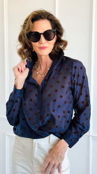 Charmed In Dots Italian Button Up Top- Navy-170 Bottoms-AZUL MONACO-Coastal Bloom Boutique, find the trendiest versions of the popular styles and looks Located in Indialantic, FL