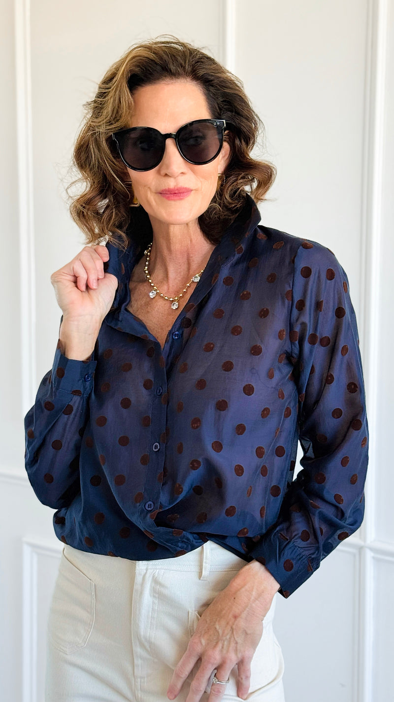 Charmed In Dots Italian Button Up Top- Navy-170 Bottoms-AZUL MONACO-Coastal Bloom Boutique, find the trendiest versions of the popular styles and looks Located in Indialantic, FL