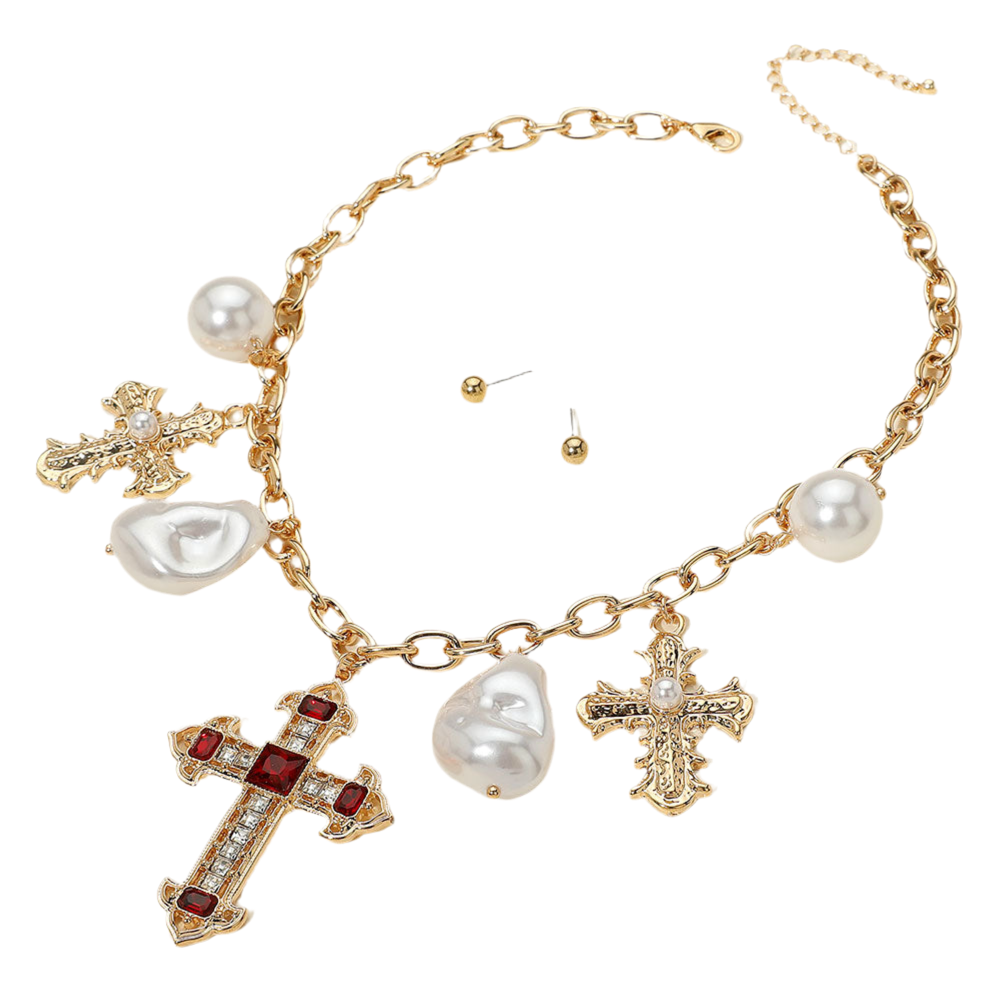 Baroque Pearl & Cross Pendant Set-230 Jewelry-NYW-Coastal Bloom Boutique, find the trendiest versions of the popular styles and looks Located in Indialantic, FL