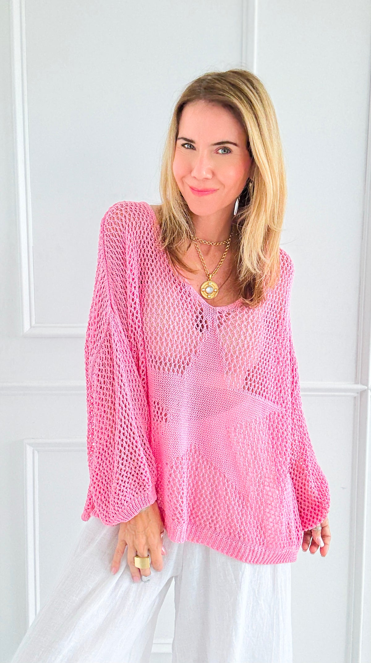 Star Power Italian Knit Sweater- Pink-140 Sweaters-SEÑORITA C-Coastal Bloom Boutique, find the trendiest versions of the popular styles and looks Located in Indialantic, FL