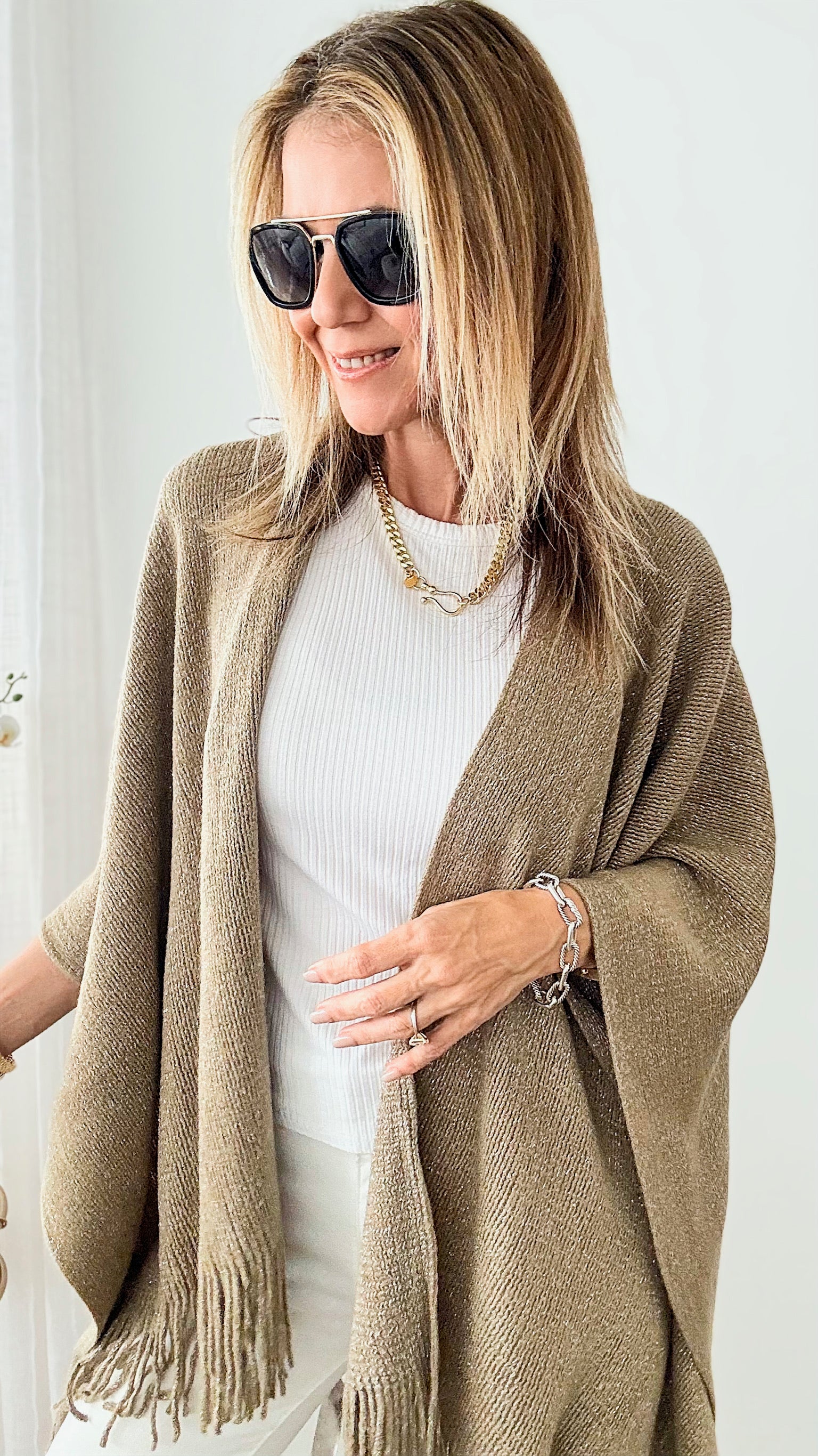 Sparkling Fringe Wrap - Khaki-150 Cardigans/Layers-Original USA-Coastal Bloom Boutique, find the trendiest versions of the popular styles and looks Located in Indialantic, FL
