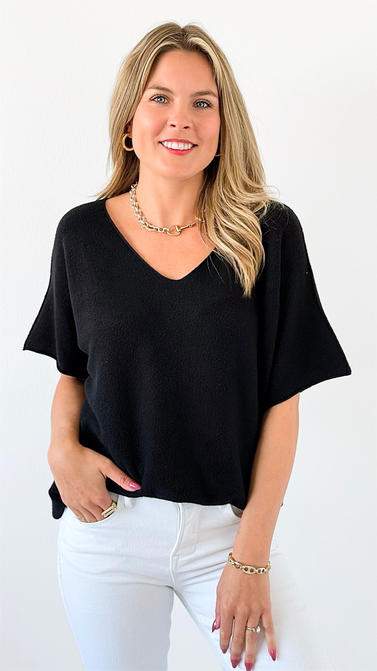 Winter in Amalfi V-Neck Italian Top- Black-140 Sweaters-Italianissimo-Coastal Bloom Boutique, find the trendiest versions of the popular styles and looks Located in Indialantic, FL