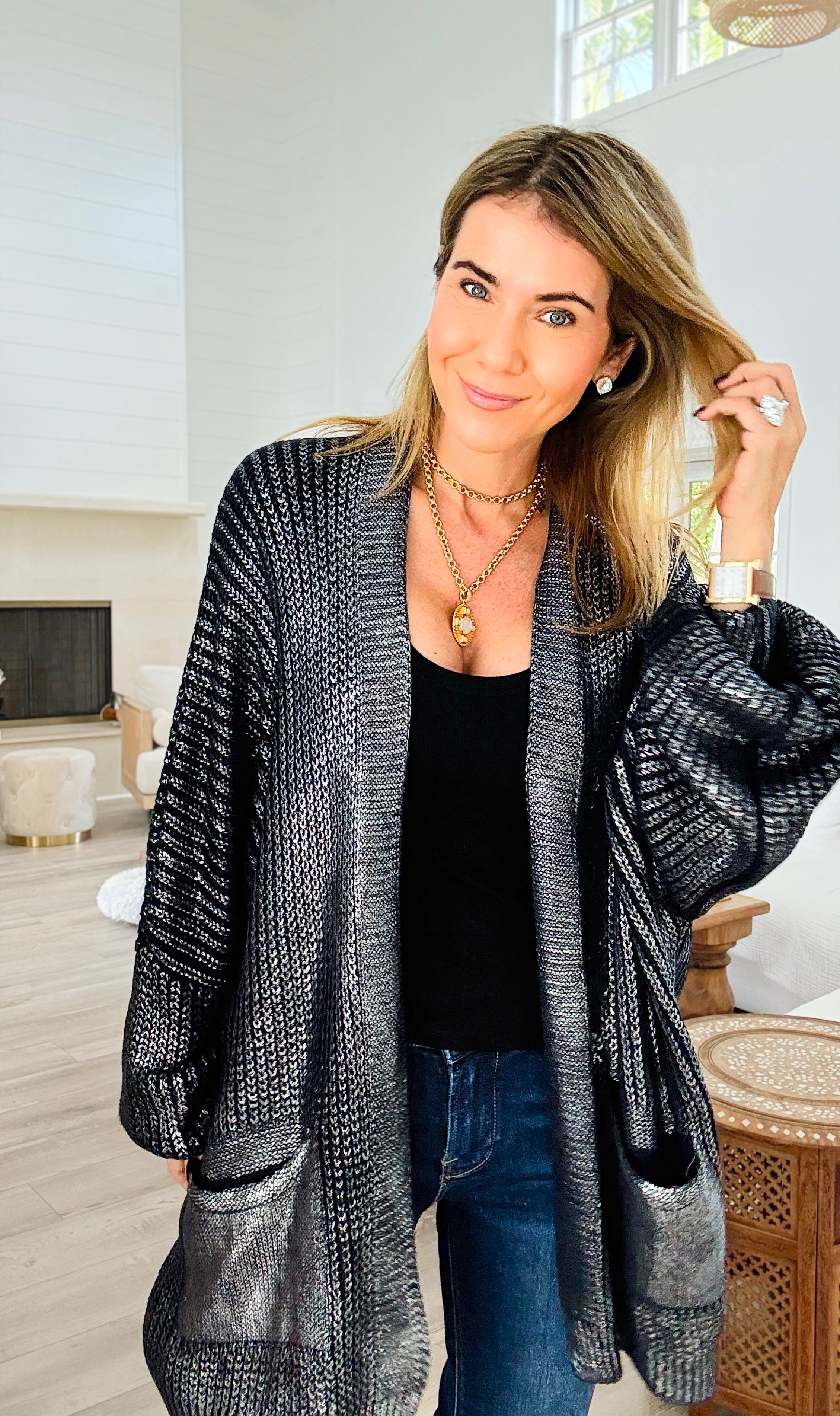 Mirrored Metallic Sugar High Italian Cardigan- Navy/ Silver-150 Cardigan Layers-Italianissimo-Coastal Bloom Boutique, find the trendiest versions of the popular styles and looks Located in Indialantic, FL