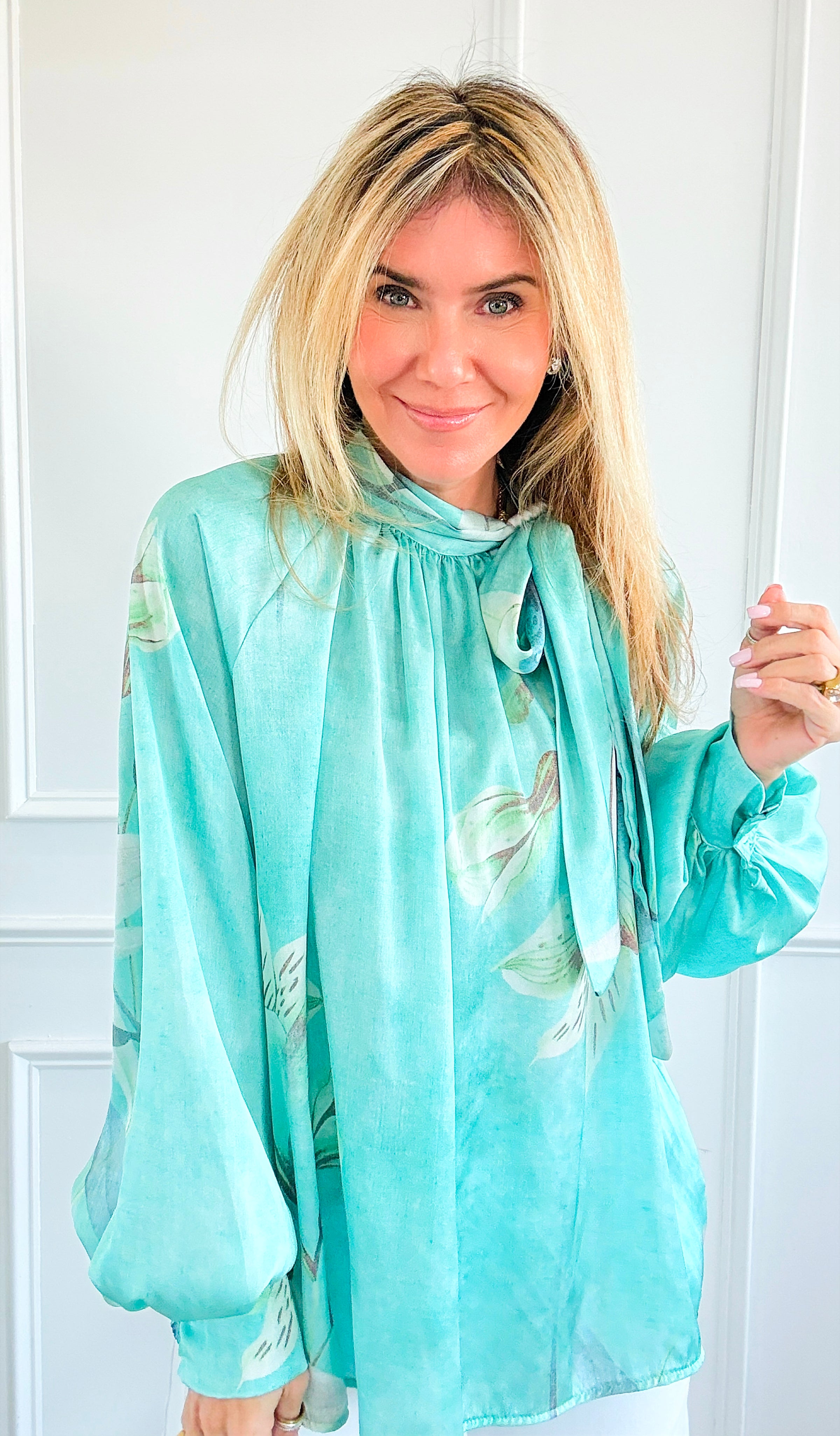 Blooming Tie Neck Button Italian Top