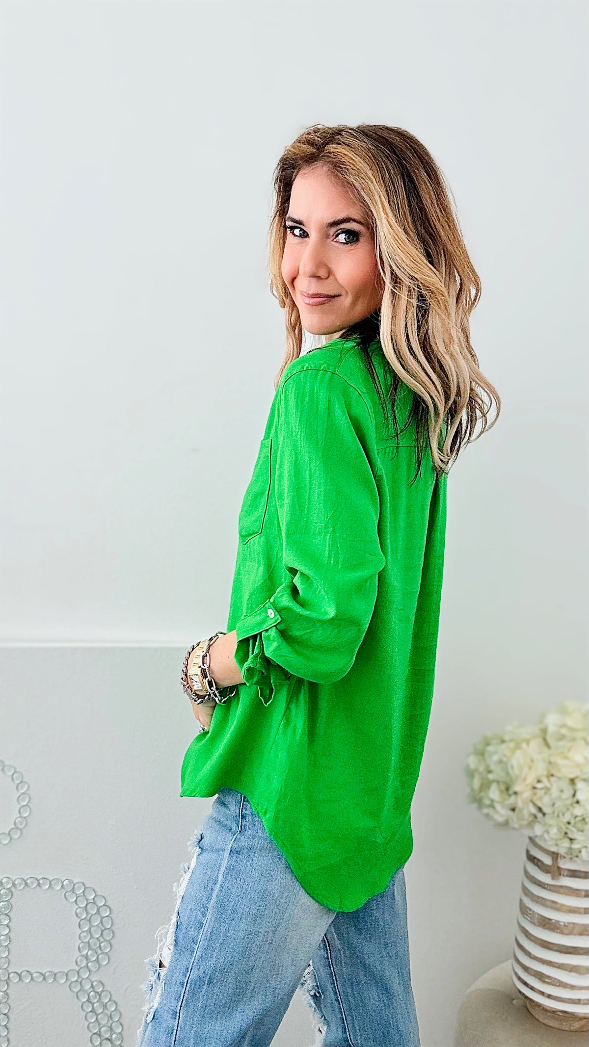 Linen Button Down Top - Green-130 Long Sleeve Tops-Love Tree Fashion-Coastal Bloom Boutique, find the trendiest versions of the popular styles and looks Located in Indialantic, FL