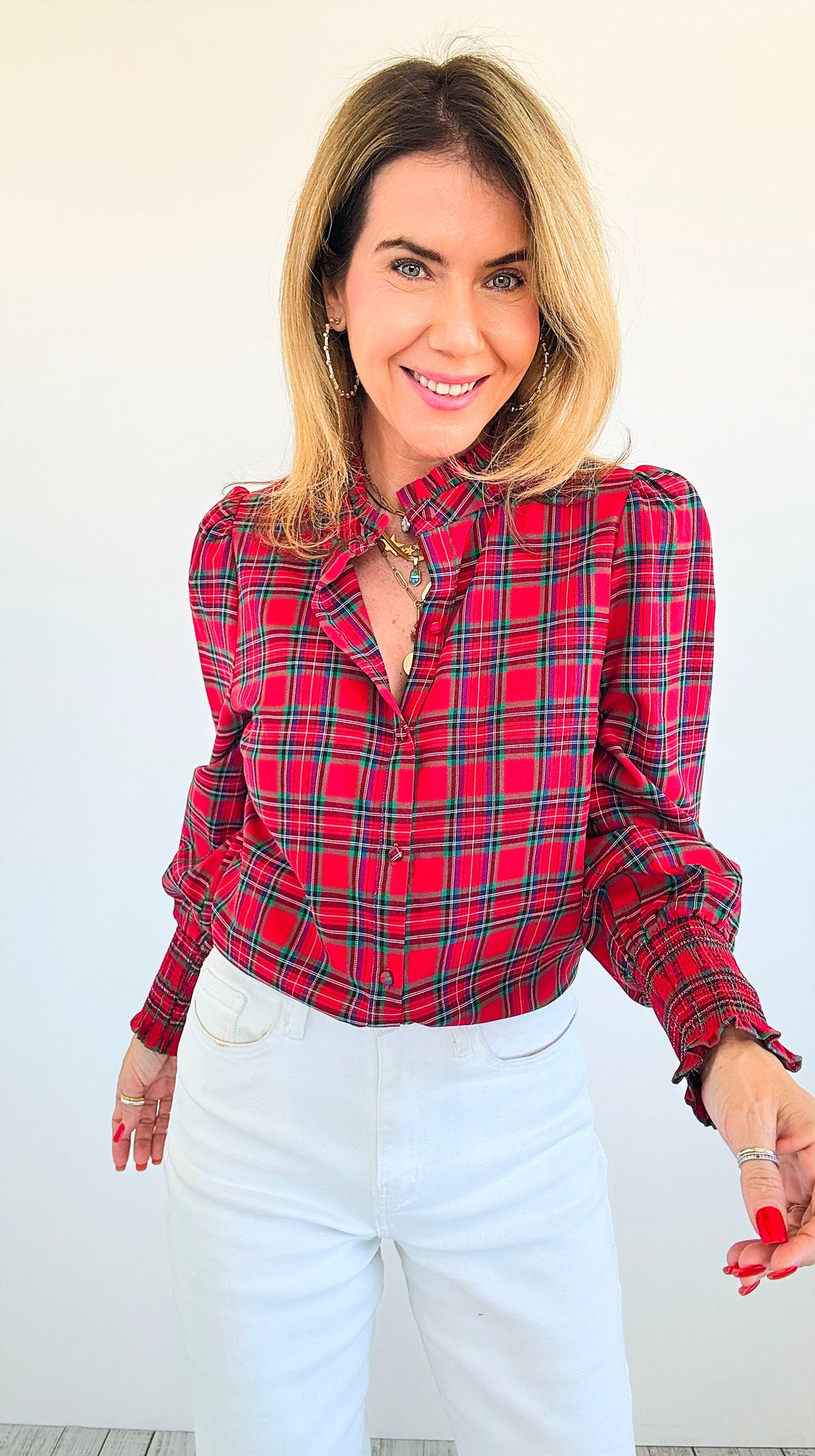 Autumn Plaid Ruffle Button Top- Red-130 Long Sleeve Tops-SUGARLIPS-Coastal Bloom Boutique, find the trendiest versions of the popular styles and looks Located in Indialantic, FL