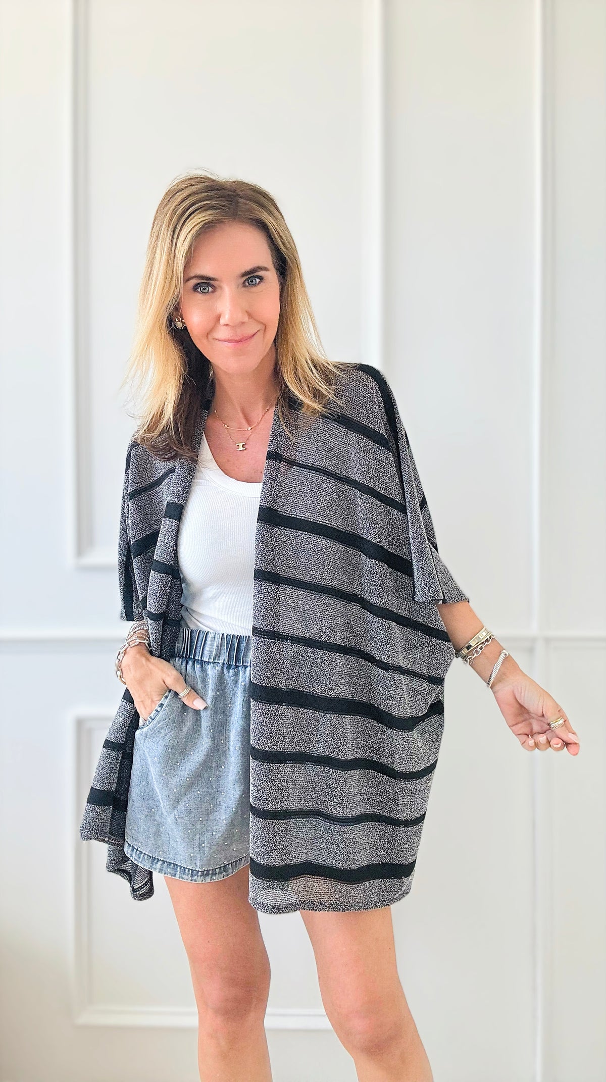 Knit Striped Kimono -Black-150 Cardigans/Layers-AppleJuice Accessories by Glamoure-Coastal Bloom Boutique, find the trendiest versions of the popular styles and looks Located in Indialantic, FL