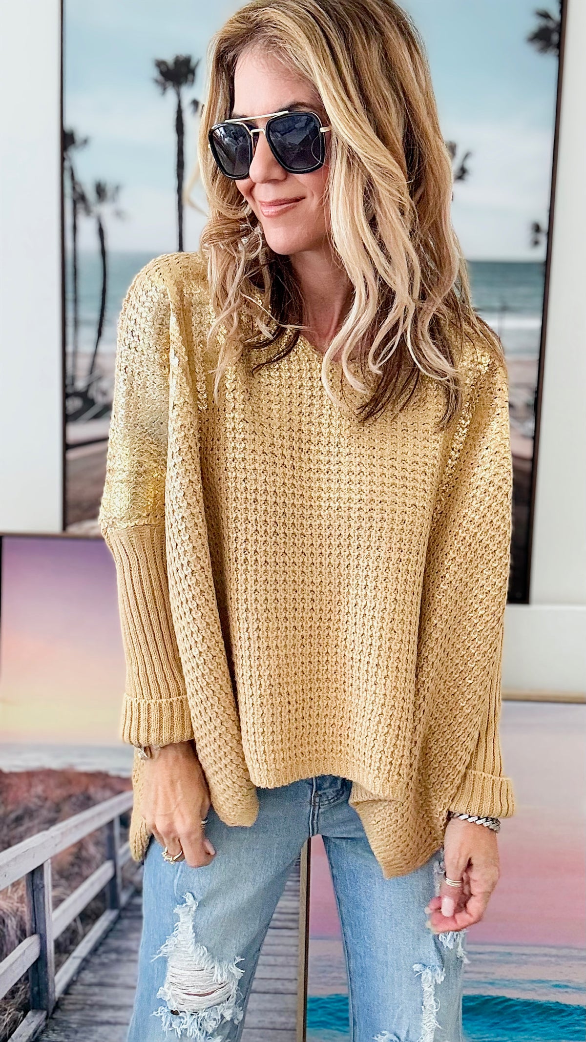 V Neck Gold Foil Sweater - Light Camel-140 Sweaters-Look Mode-Coastal Bloom Boutique, find the trendiest versions of the popular styles and looks Located in Indialantic, FL