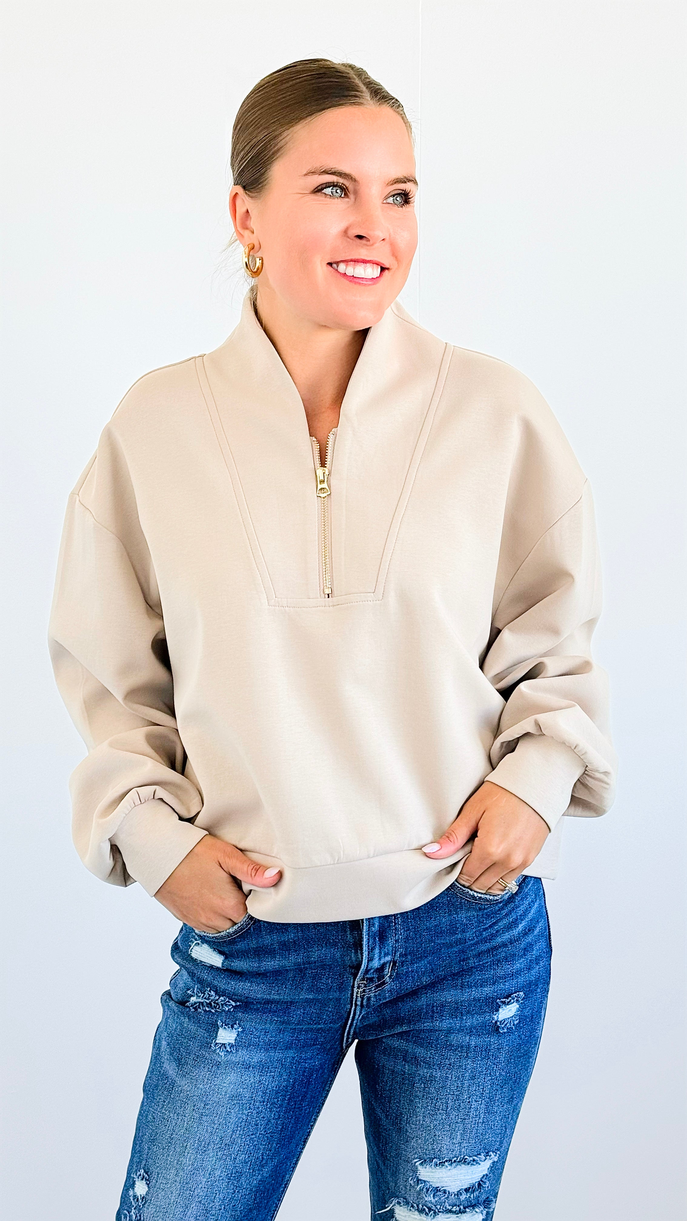 Zip-Up Scuba Long Sleeve Sweatshirt -Taupe-110 Long Sleeve Tops-BucketList-Coastal Bloom Boutique, find the trendiest versions of the popular styles and looks Located in Indialantic, FL