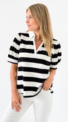 Striped Puff Sleeve Polo Top-110 Short Sleeve Tops-Jodifl-Coastal Bloom Boutique, find the trendiest versions of the popular styles and looks Located in Indialantic, FL