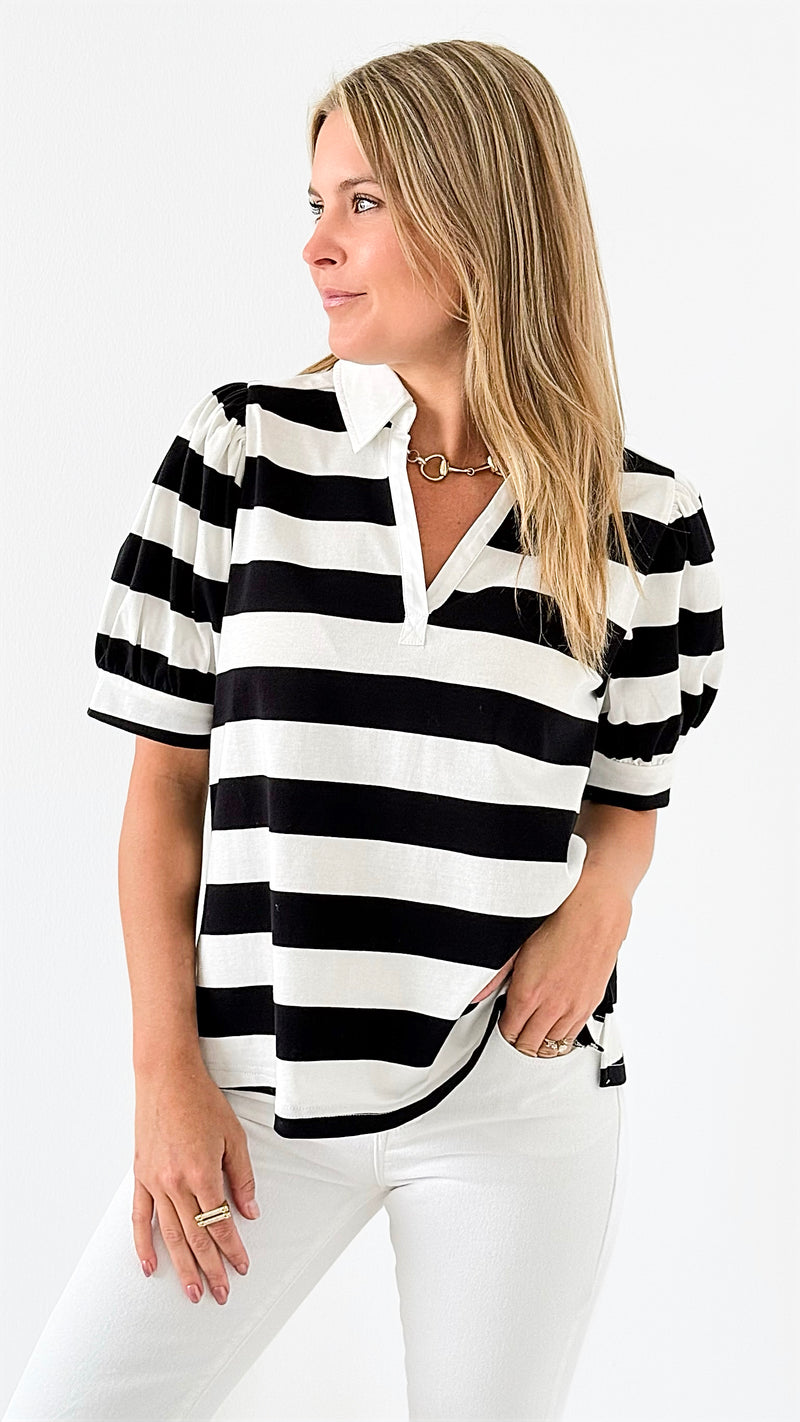 Striped Puff Sleeve Polo Top-110 Short Sleeve Tops-Jodifl-Coastal Bloom Boutique, find the trendiest versions of the popular styles and looks Located in Indialantic, FL